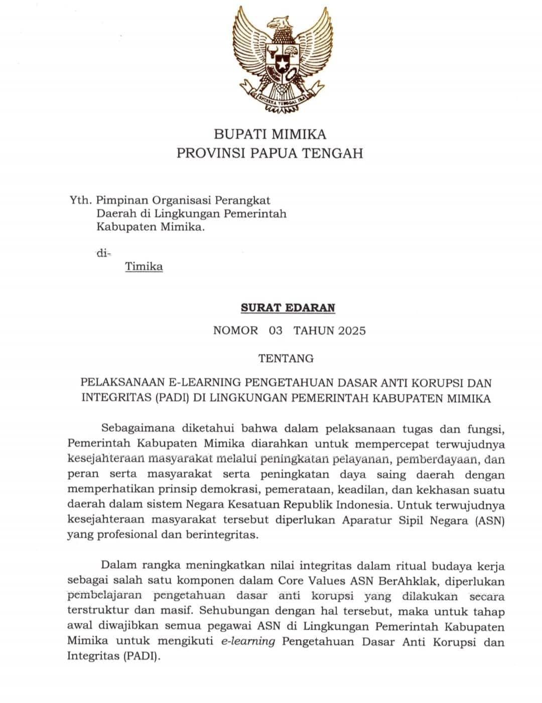 Ilustrasi berita Mimika: KPK Apresiasi Pj Bupati Mimika Keluarkan Surat Edaran Pelaksanaan E-Learning Pengetahuan Dasar Anti Korupsi di Lingkup Pemda Mimika