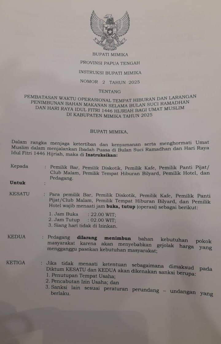 Ilustrasi berita Mimika: Bupati Mimika Keluarkan Instruksi Pembatasan Operasional THM Selama Ramadhan, Izin Dicabut Jika Tidak Patuh