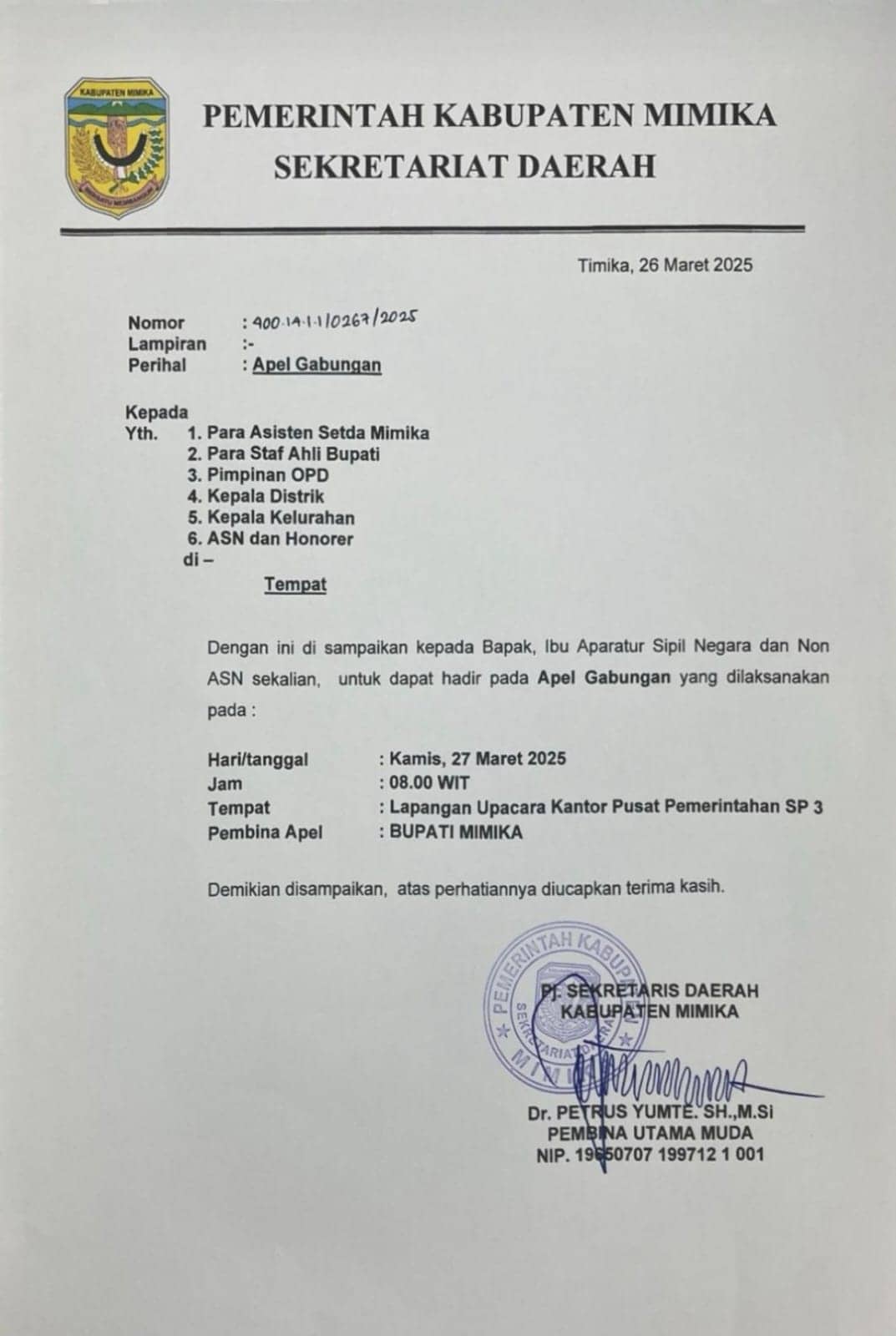 Ilustrasi berita Mimika: Besok, Bupati John Rettob Pimpin Apel Perdana, Semua ASN dan Honorer Lingkup Pemda Mimika Wajib Hadir