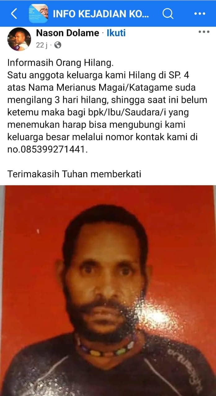 Ilustrasi berita Mimika: Merianus Magai Dilaporkan Hilang, Keluarga Mohon Bantuan Masyarakat