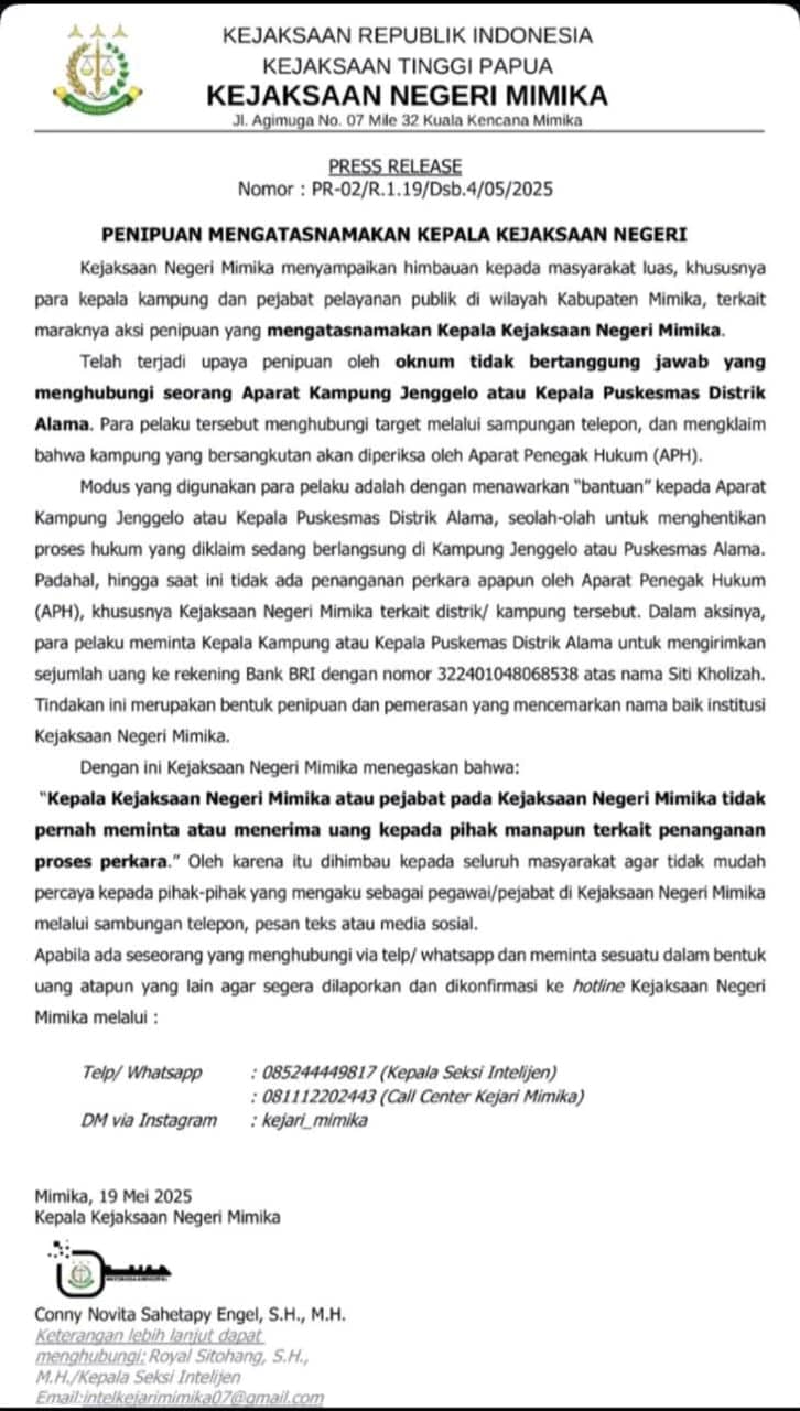 Ilustrasi berita Mimika: Nama Kajari Mimika Dicatut Untuk Aksi Penipuan, Aparat Kampung dan Kepala Puskesmas Jadi Sasaran
