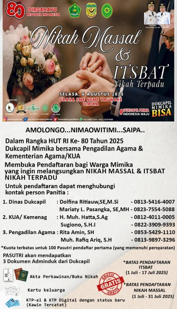 Ilustrasi berita Mimika: Sambut HUT RI ke-80, Dukcapil Mimika Gelar Nikah Massal dan Itsbat Nikah Terpadu Gratis untuk 100 Pasutri