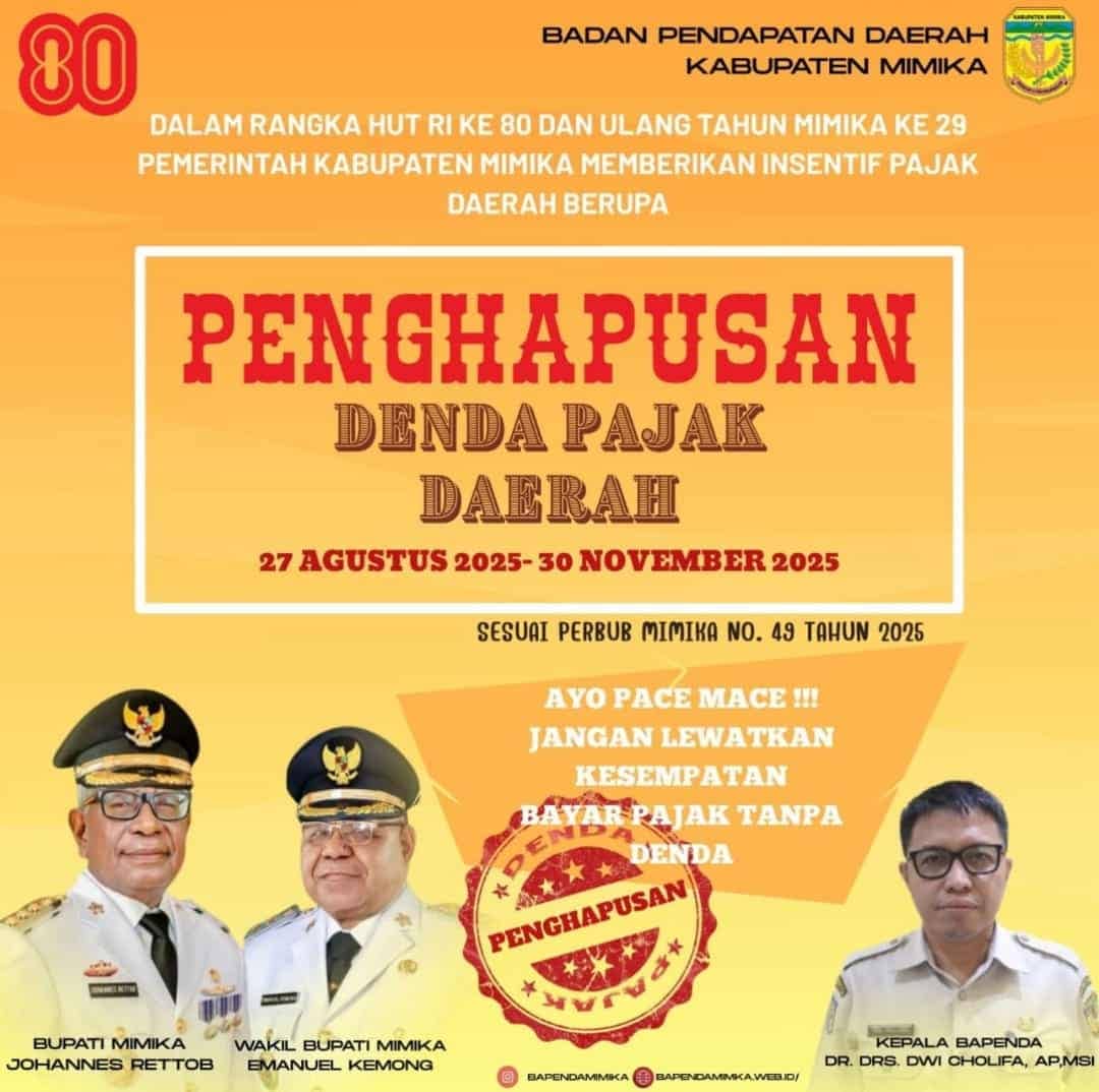 Ilustrasi berita Mimika: Peringati HUT ke 29, Pemkab Mimika Hapus Denda Pajak Daerah, Bupati Rettob: Ringankan Beban Masyarakat