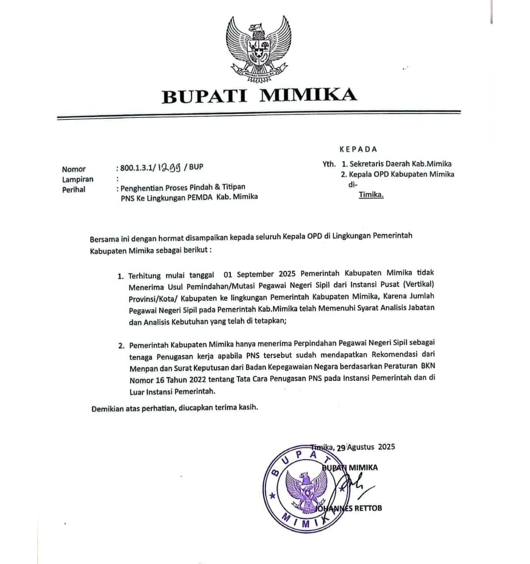 Ilustrasi berita Mimika: Bupati Mimika Hentikan Proses Pindah PNS, Sebut Jumlah Pegawai Sudah Melebihi Kebutuhan