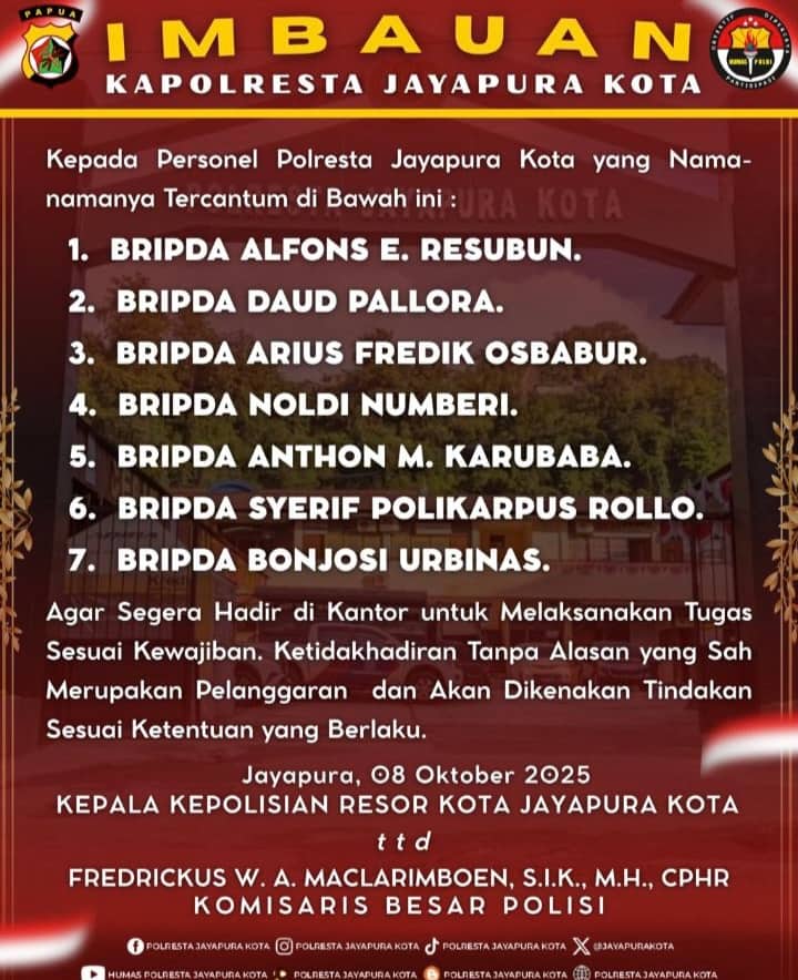 Ilustrasi berita JAYAPURA: Mangkir dari Tugas, Kapolresta Imbau 7 Personelnya Segera Masuk Kantor, Ini Daftar Nama Mereka