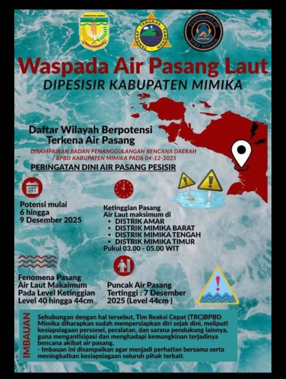 Ilustrasi berita Mimika: BPBD Mimika Keluarkan Peringatan Dini Air Pasang Laut 6–9 Desember 2025