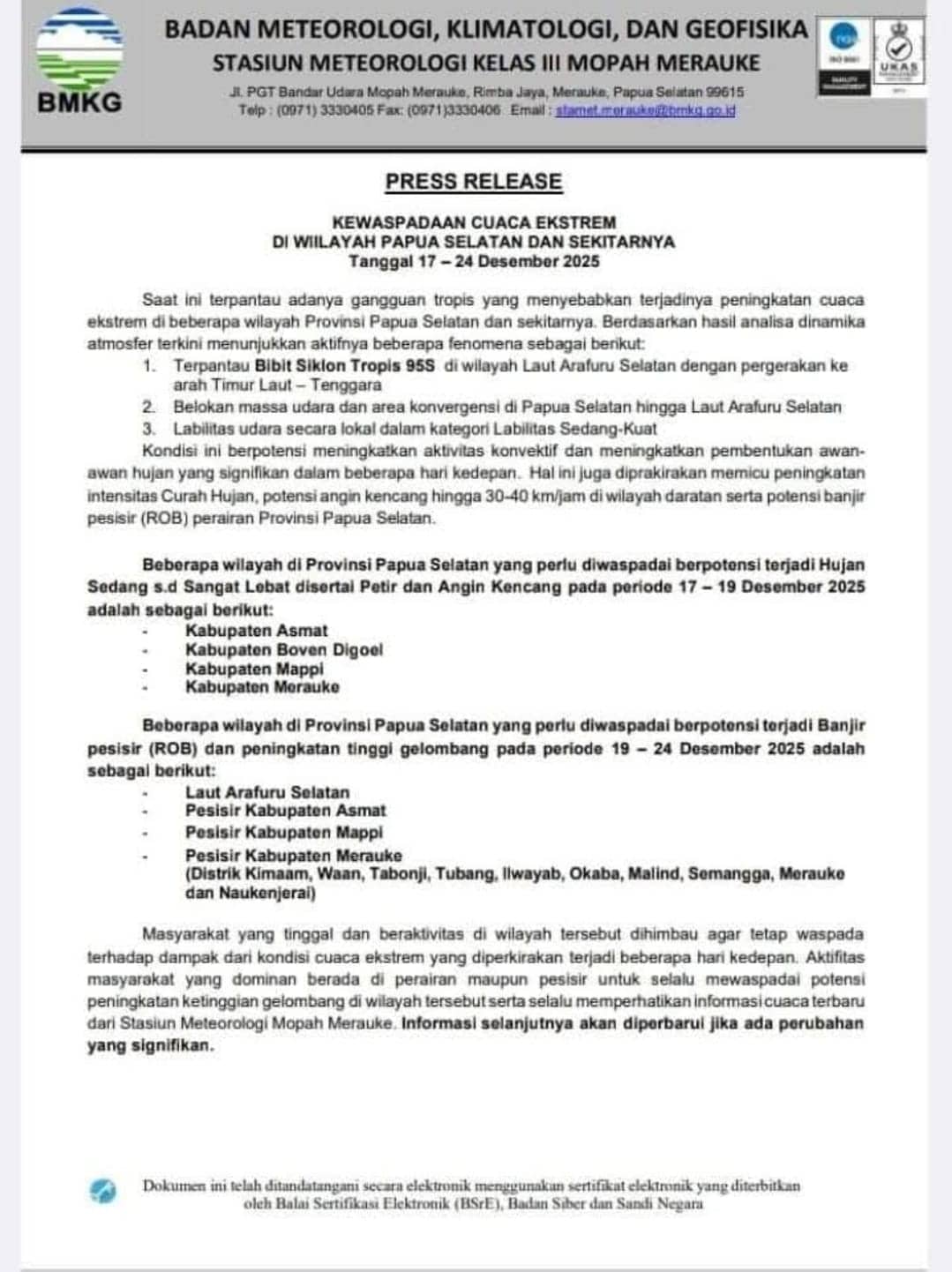Ilustrasi berita Mimika: BMKG Peringatkan Cuaca Ekstrem di Papua Selatan, Berlaku Hingga 24 Desember 2025