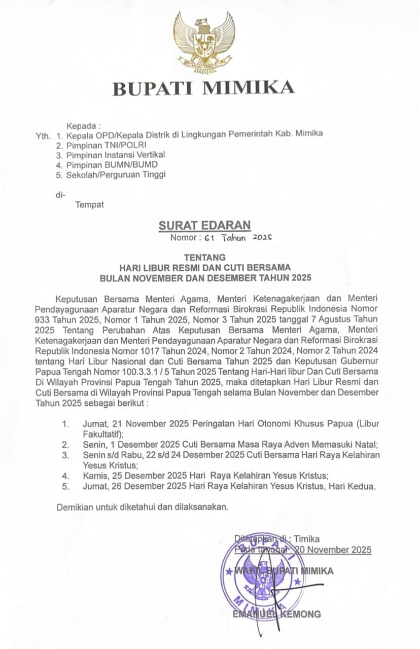 Ilustrasi berita Mimika: Libur Telah Tiba, Pemkab Mimika Tetapkan Cuti Bersama Natal 2025 dan Tahun Baru 2026