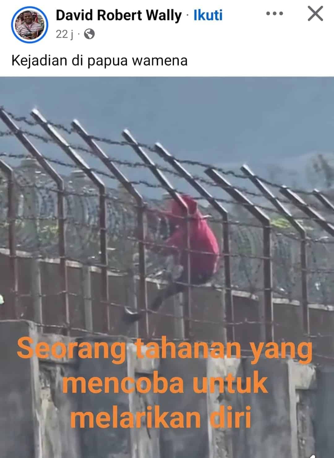 Ilustrasi berita Papua: 7 Narapidana Gagal Kabur dari Lapas Kelas II B Wamena, Satu Diantaranya Tersangkut Kawat dan Videonya Viral