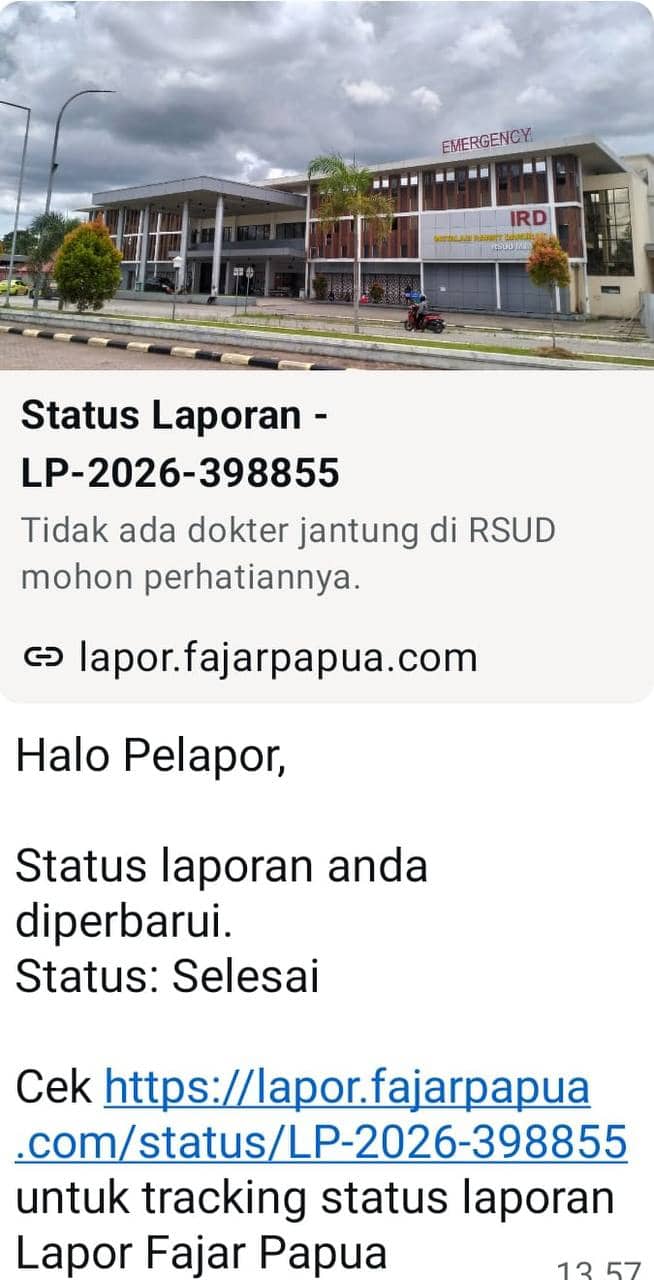 Ilustrasi berita Mimika: Dalam 24 Jam, Laporan Warga Via Lapor Fajar Papua Soal Ketersediaan Dokter Jantung Ditanggapi Manajemen RSUD Mimika