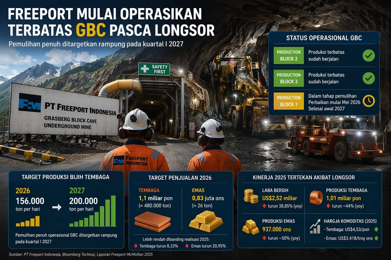 Ilustrasi berita Mimika: Freeport Mulai Operasikan Terbatas GBC Pasca Longsor, Kontribusi Negara Ditargetkan Rp 54 Triliun pada 2026