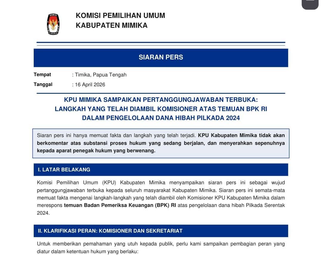 Ilustrasi berita Mimika: KPU Mimika Kembalikan Temuan BPK Sebesar Rp 502 Juta, Rekomendasikan Pemberhentikan Sekretaris dan Bendahara