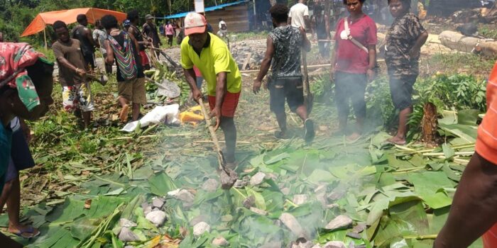 Acara Bakar Batu dalam rangka perayaan pembangunan gedung baru Puskesmas Kwamki Narama